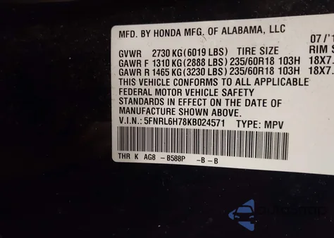 2019 Honda Odyssey Ex-L z USA, uszkodzony, nr VIN 5FNRL6H78KB024571